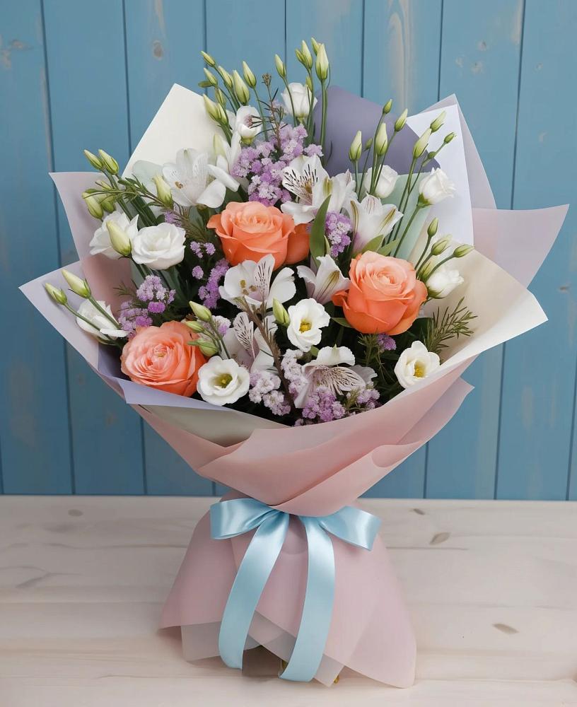 Букет цветов из: Лизиантусы, Розы, Альстромерии и Гипсофила в Мосальске